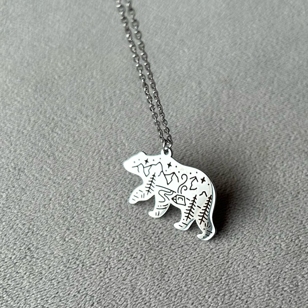 Bear Silhouette Stainless Steel Pendant ~ Adjustable Necklace ~ Brand New!